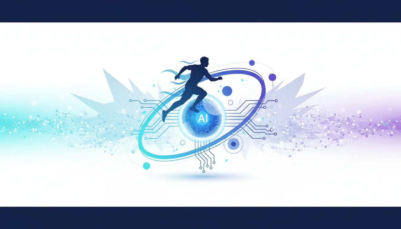 Silhouette of a runner with the word AI inside a glowing orb, surrounded by abstract technological circuits and network patterns.