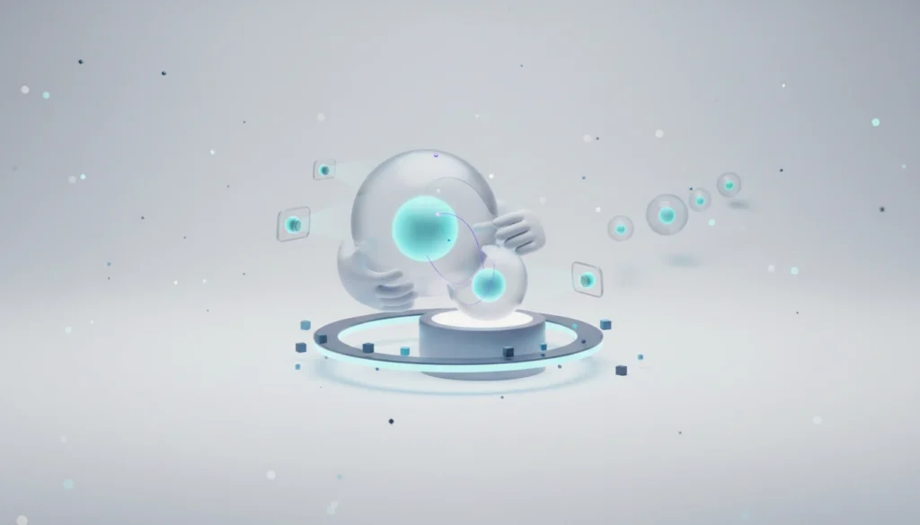 3D illustration of a large translucent AI sphere assembling a smaller sphere on a glowing pedestal, with small monitor lenses and a chain of shrinking spheres floating nearby.