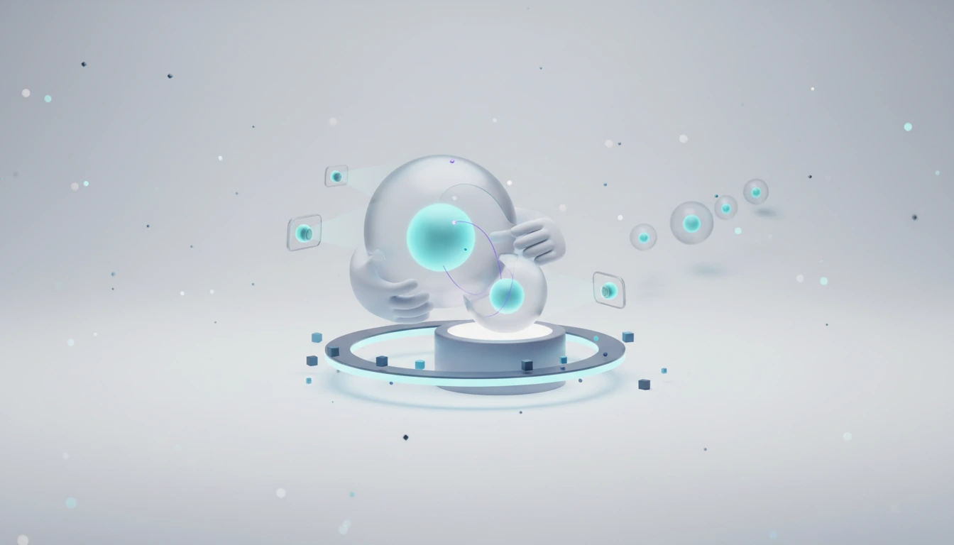 3D illustration of a large translucent AI sphere assembling a smaller sphere on a glowing pedestal, with small monitor lenses and a chain of shrinking spheres floating nearby.