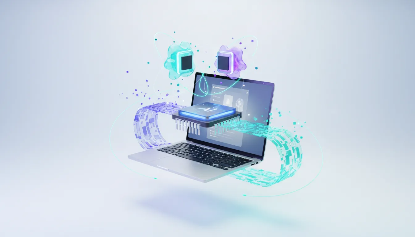 Laptop displaying AI interface with a central processor chip and abstract data streams, representing local AI compute power.