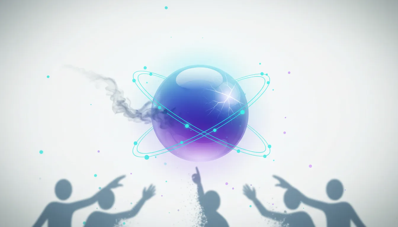 Silhouetted figures reach towards a glowing, atom-like orb emitting smoke, symbolizing public reaction to AI advancements.