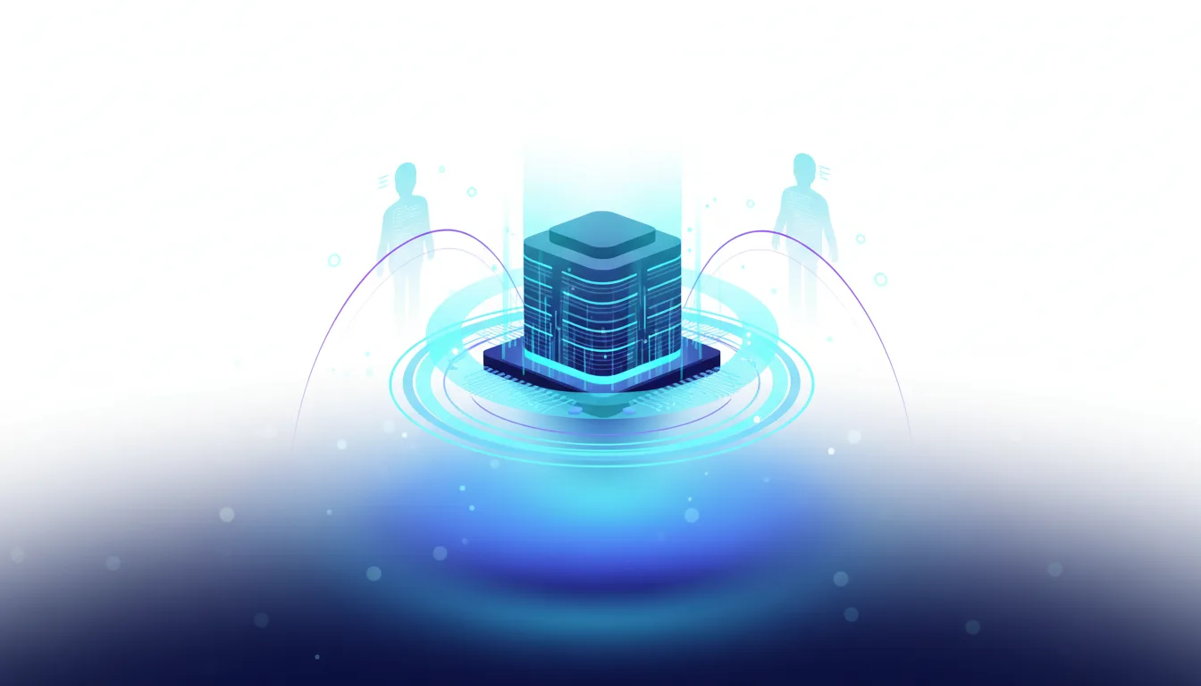 Abstract representation of a server rack with glowing blue lights, symbolizing AI infrastructure and data processing for national sovereignty.