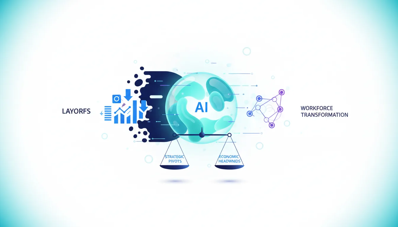 Illustration showing AI balancing strategic pivots and economic headwinds on a scale, with layoffs on one side and workforce transformation on the other.
