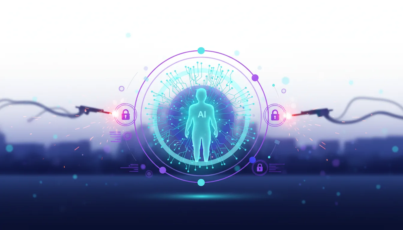 Abstract representation of AI integration with human form, surrounded by digital circuits and security locks, symbolizing AI's impact and potential risks.