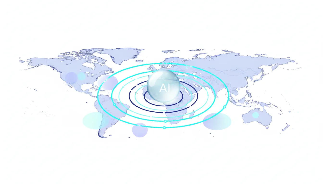 Abstract visualization of AI's global reach with concentric circles and a crystal ball labeled AI over a world map.