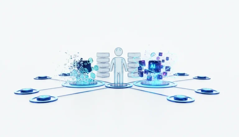 Abstract illustration of young founders engaging with AI infrastructure and foundation models