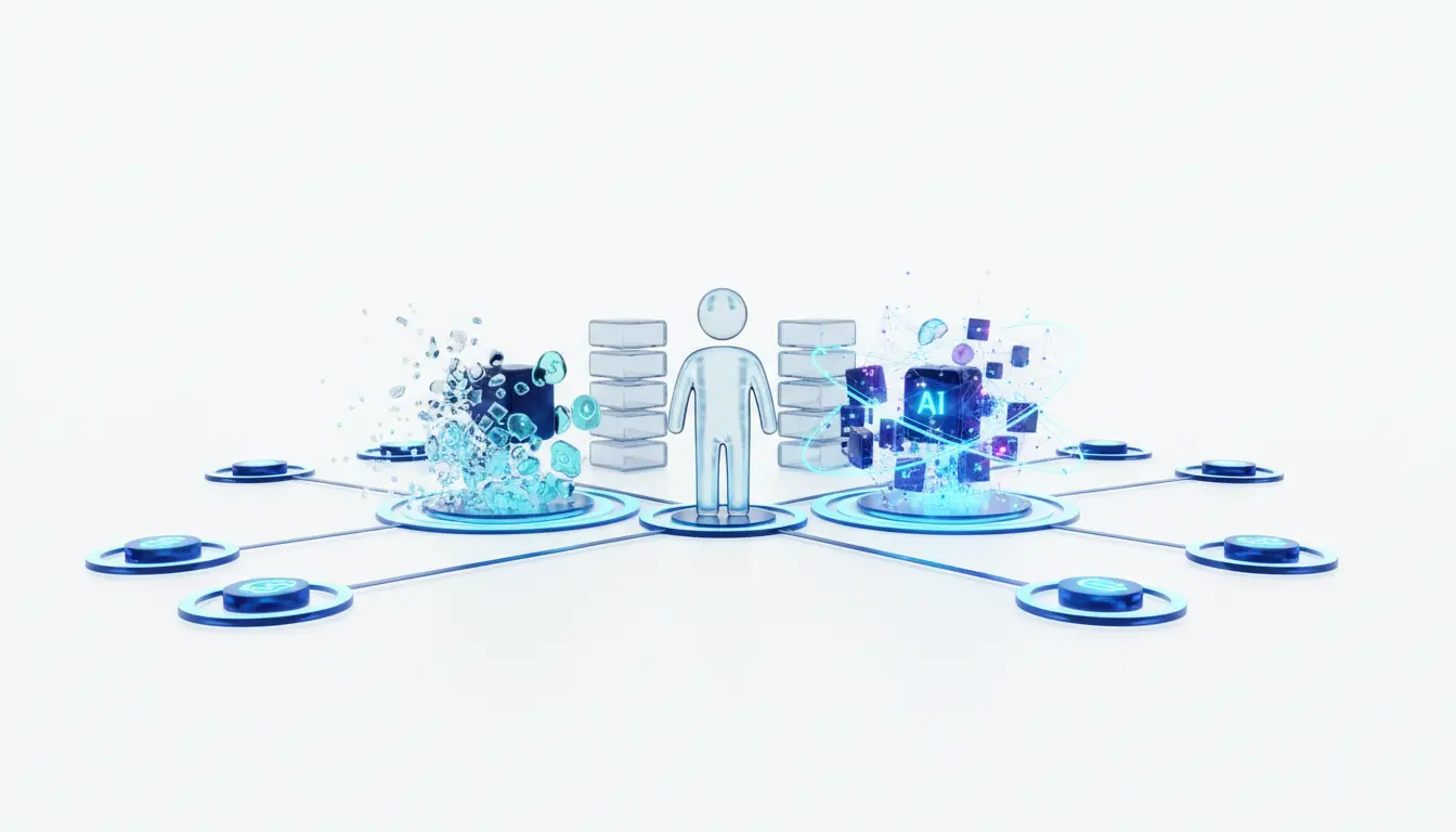 Abstract illustration of young founders engaging with AI infrastructure and foundation models