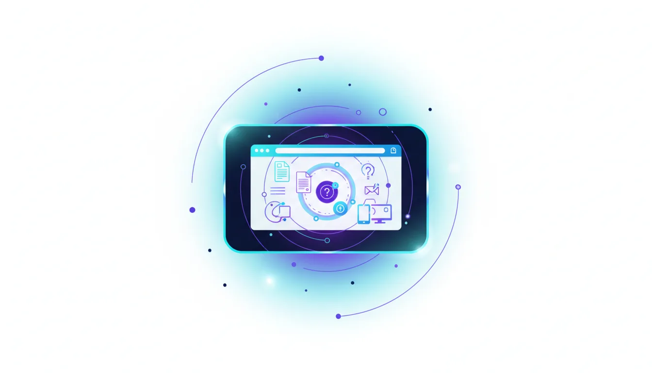 Abstract illustration of a tablet displaying a browser interface with AI-related icons and circular data flow graphics.