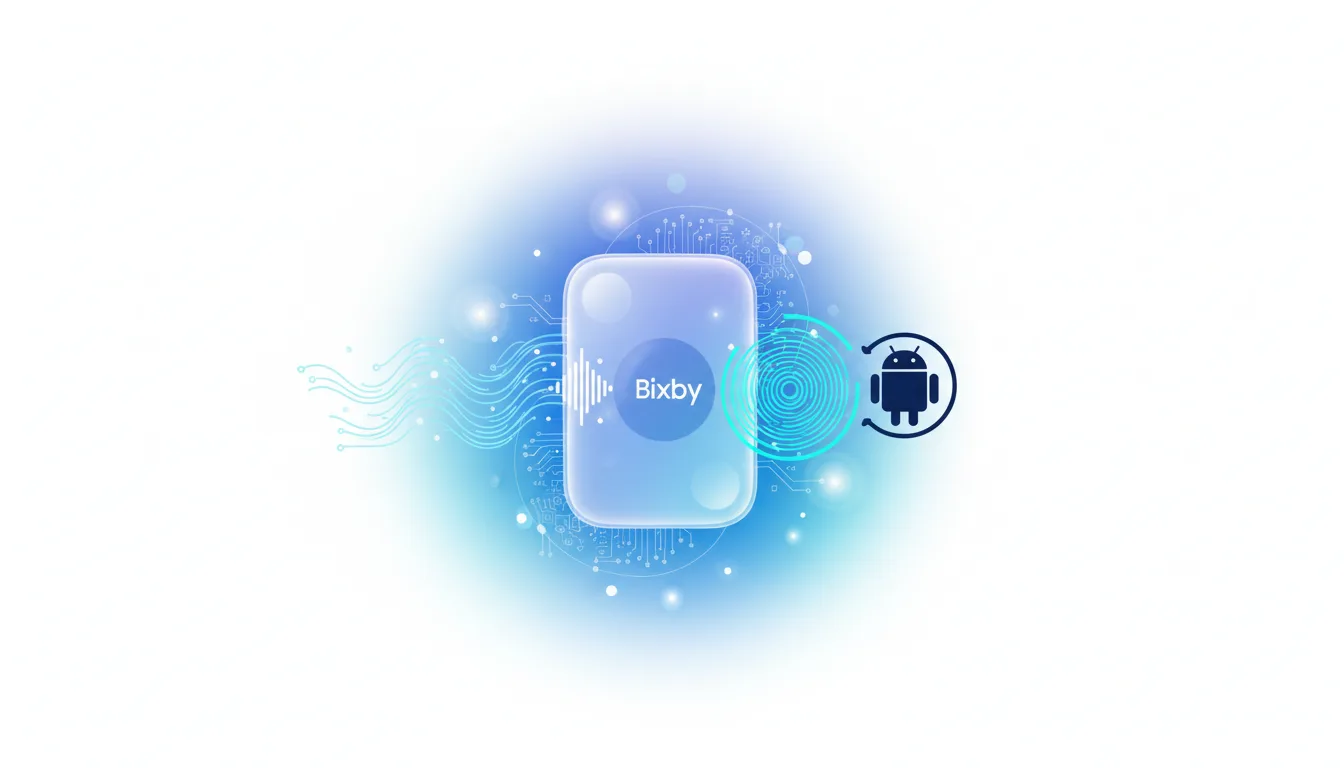 Bixby AI assistant interface on a smartphone, connected to the Android logo, symbolizing integration and enhanced capabilities.