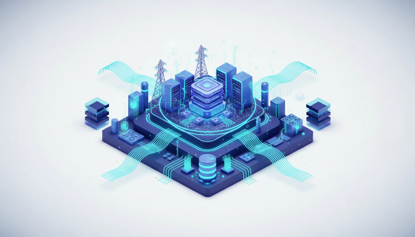 Isometric illustration of a futuristic AI data center with servers, power lines, and fiber optic connections symbolizing digital infrastructure development.