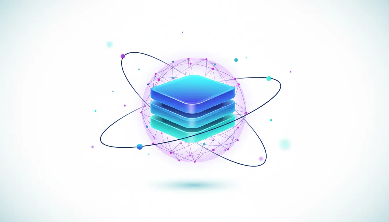 Abstract representation of stacked memory modules surrounded by a network grid and orbital paths, symbolizing AI compute and data flow.