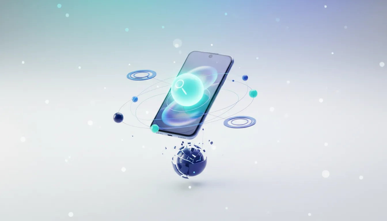 Smartphone displaying a glowing search icon surrounded by orbiting spheres and a fragmented globe, symbolizing AI integration.