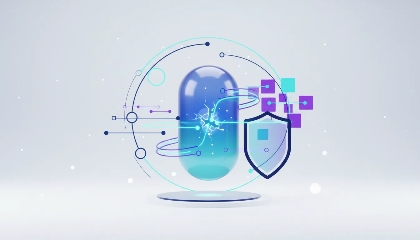 Abstract representation of a self-healing LLM infrastructure with a glowing capsule, shield, and network connections symbolizing resilience and protection.
