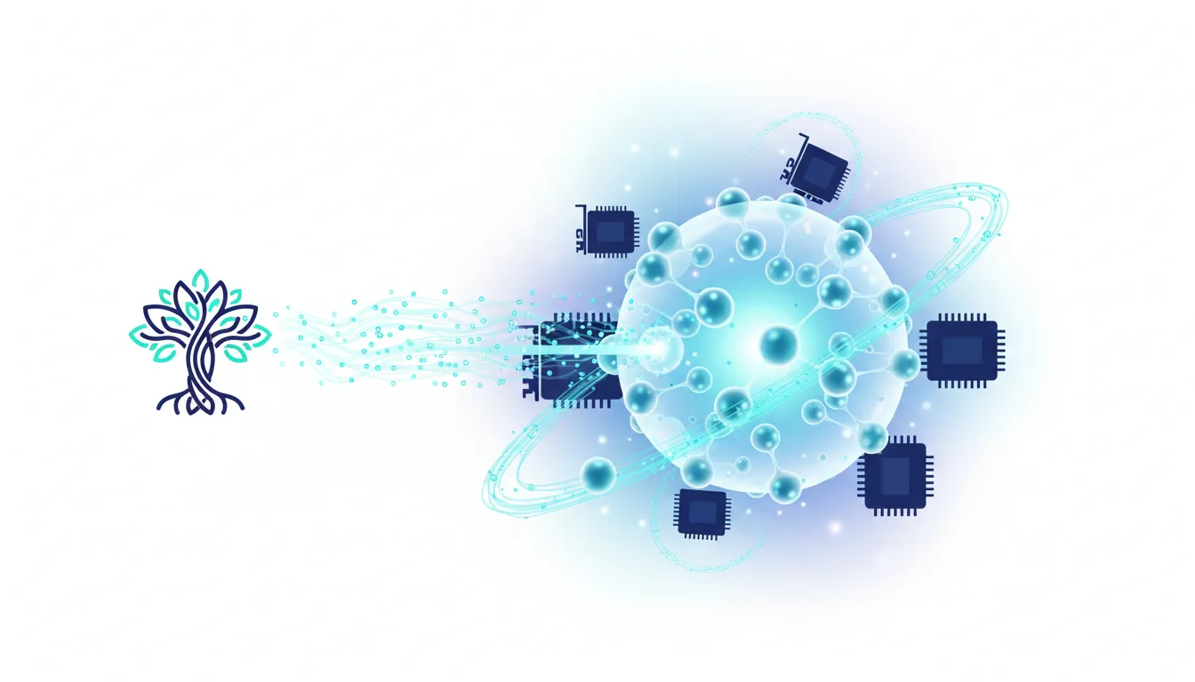 Sequoia Capital logo connected to a glowing molecular AI structure surrounded by microchips, symbolizing AI compute and investment.