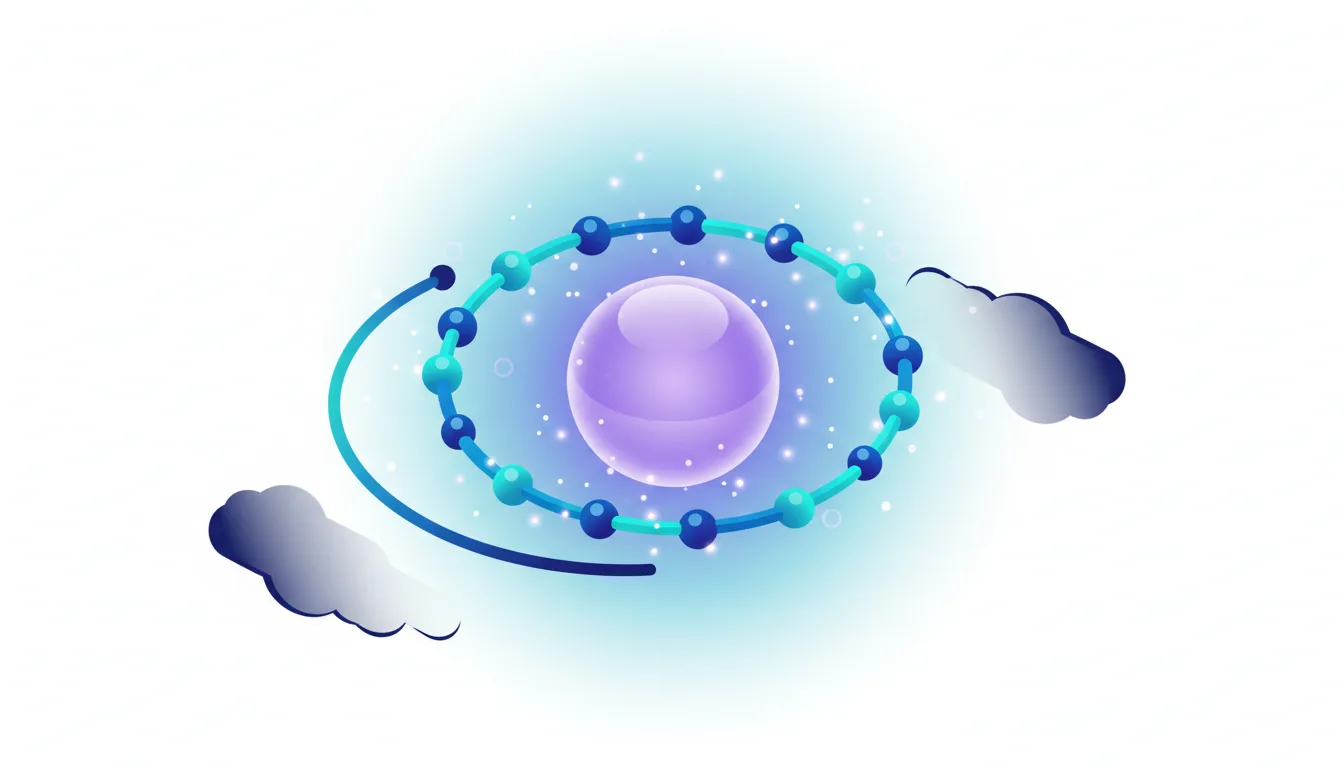 Abstract representation of AI intelligence with a central sphere surrounded by orbiting nodes and clouds, symbolizing data and cloud infrastructure.