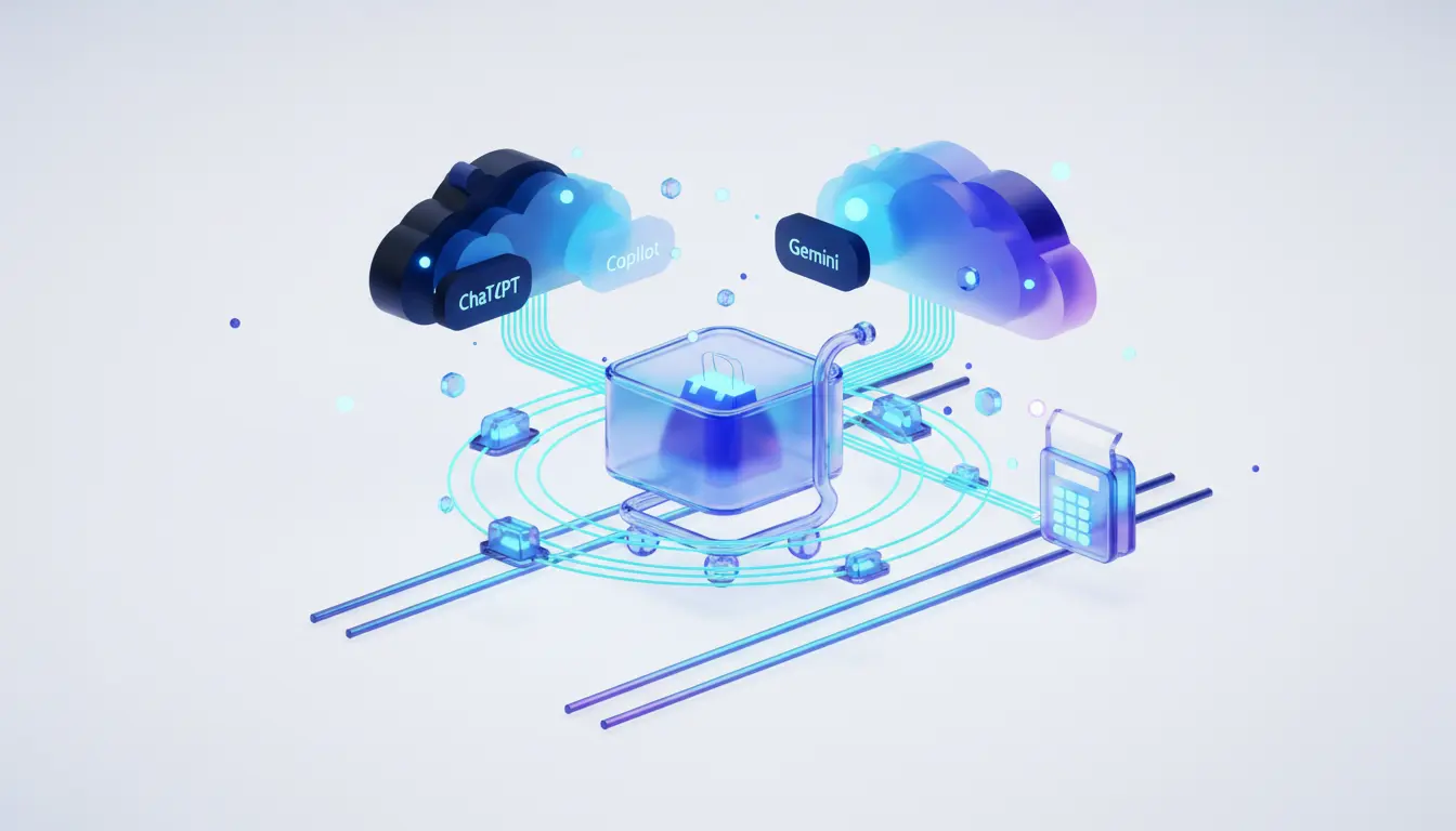 Abstract illustration of AI agents executing purchases on Shopify infrastructure