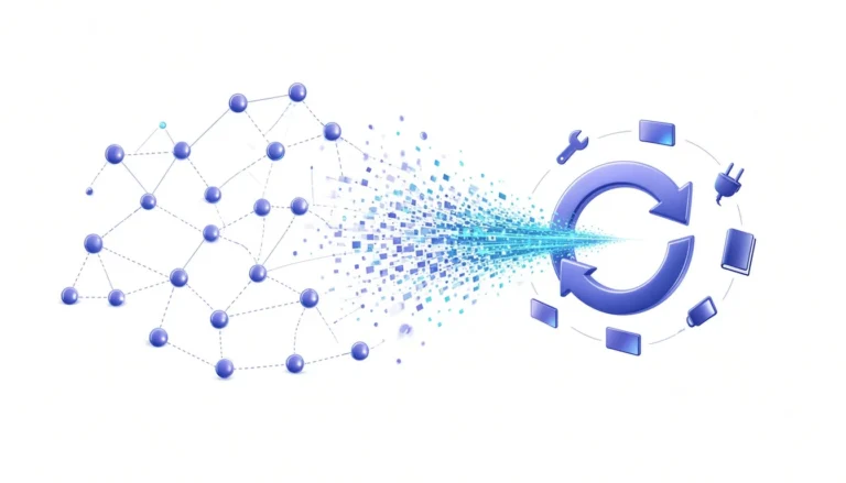 A tangled network of agent nodes dissolving into particles that merge into one glowing loop surrounded by tool and skill icons