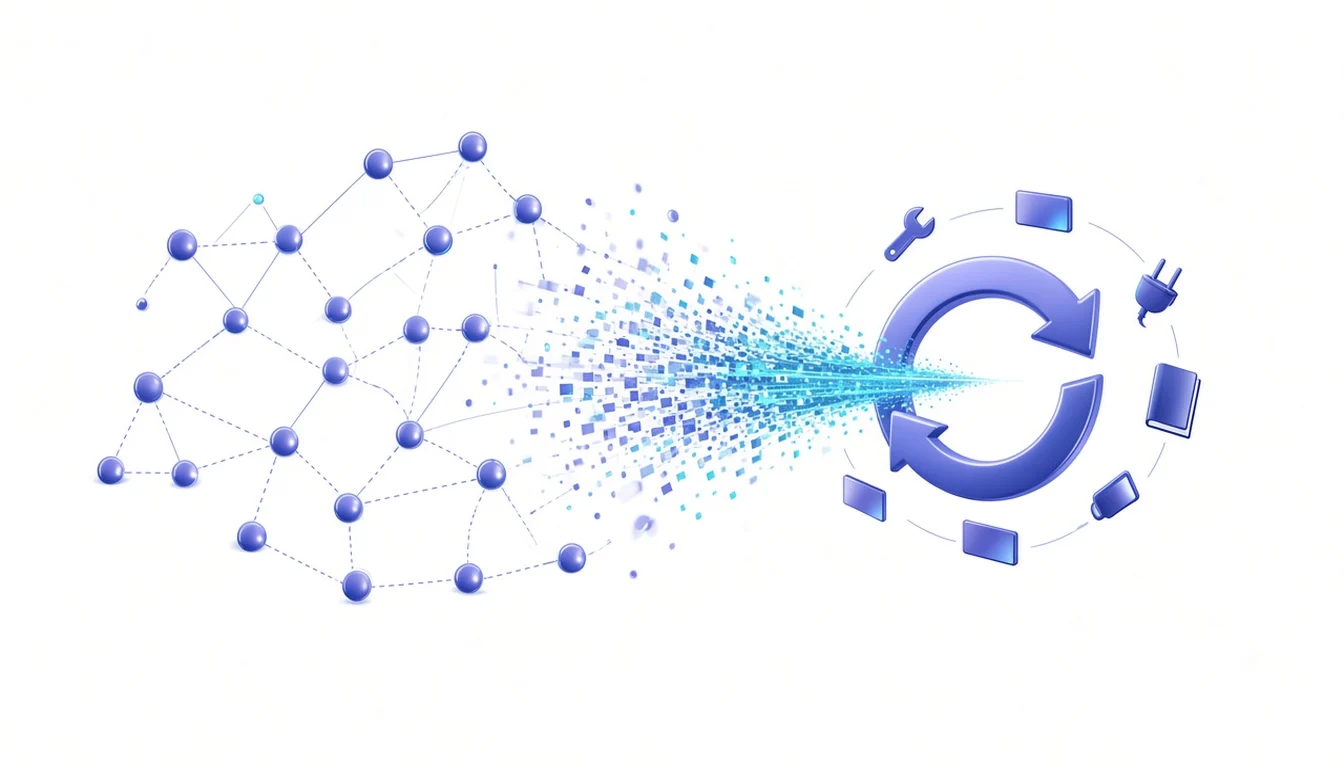 A tangled network of agent nodes dissolving into particles that merge into one glowing loop surrounded by tool and skill icons