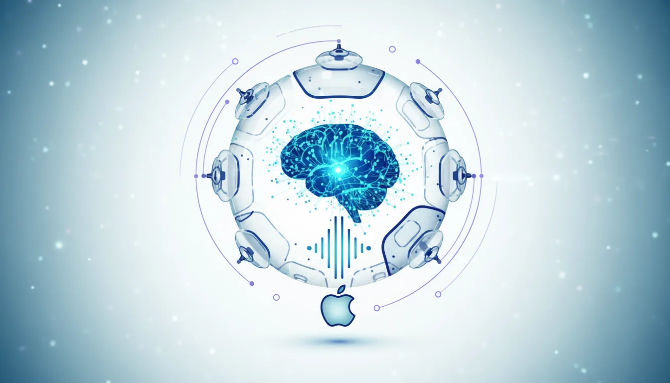 Abstract representation of an AI brain within a futuristic sphere, featuring the Apple logo, symbolizing Siri's AI upgrade with Google Gemini.