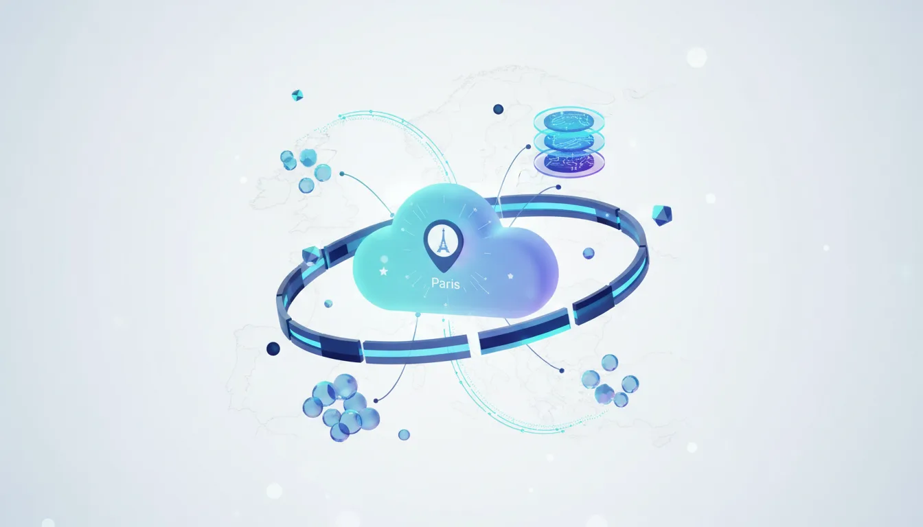 Abstract cloud graphic with Paris location pin, surrounded by data elements and a ring, representing Snowflake's AI hub.