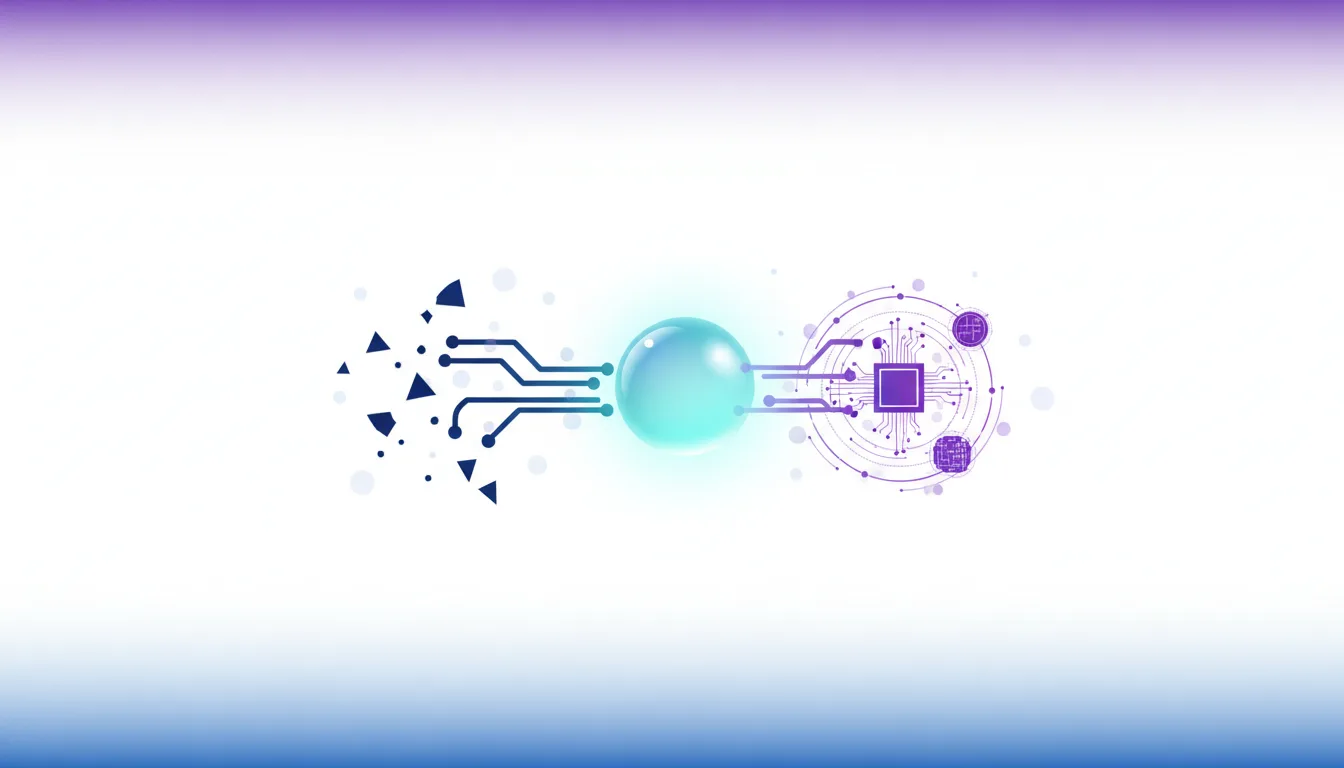 Abstract digital art showing a glowing orb connecting fragmented circuits to a central processor, symbolizing AI data flow and processing.