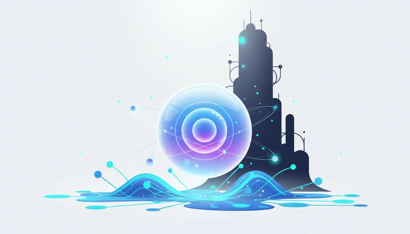 Abstract glowing orb with concentric circles and orbiting particles in front of a futuristic city silhouette, symbolizing AI and technological advancement.