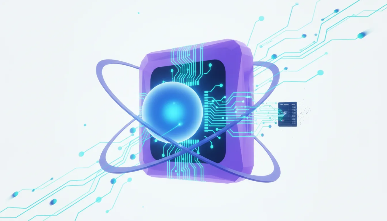 Abstract representation of AI infrastructure with a central glowing orb within a circuit board pattern, surrounded by orbital paths and digital pathways.