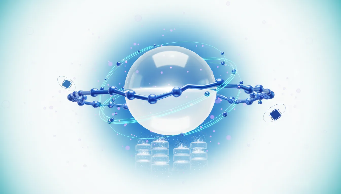 Abstract visualization of AI infrastructure with a central sphere, orbiting molecular structure, and microchips.