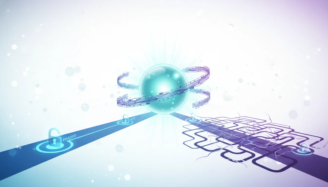 Abstract digital sphere with glowing light and orbiting rings, connected by pathways with unlock icons, symbolizing AI access and security.