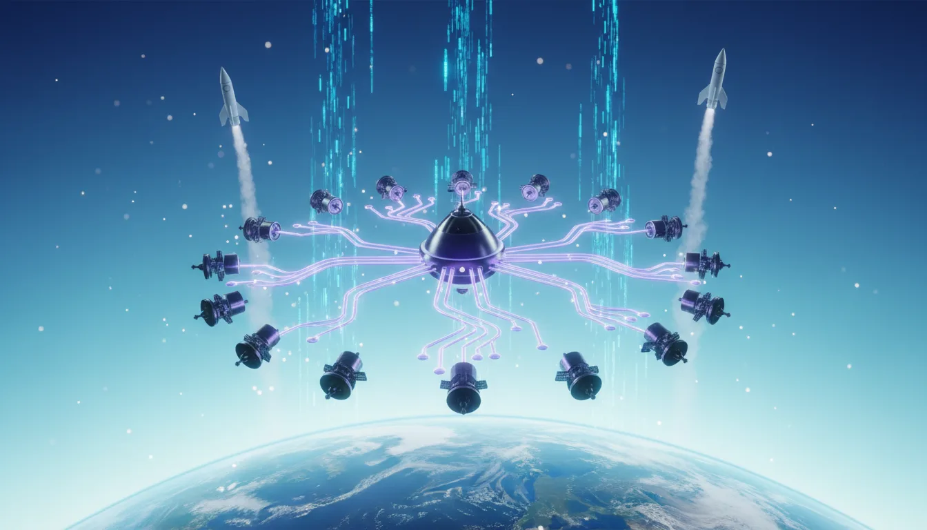 Rockets launch from Earth towards a central AI hub connected to orbiting satellites, symbolizing the SpaceX-xAI merger.