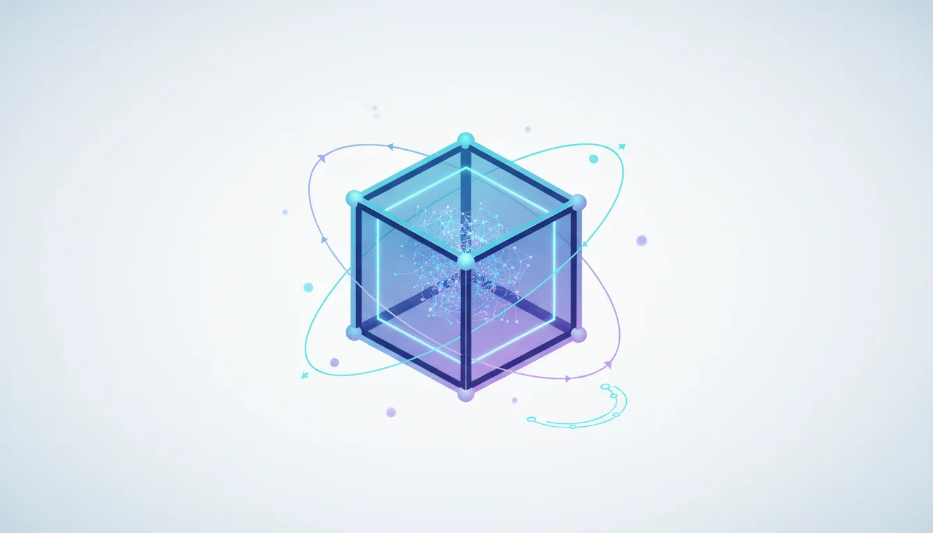 Abstract 3D cube with glowing edges and internal network structure, representing AI spatial reasoning and data connections.
