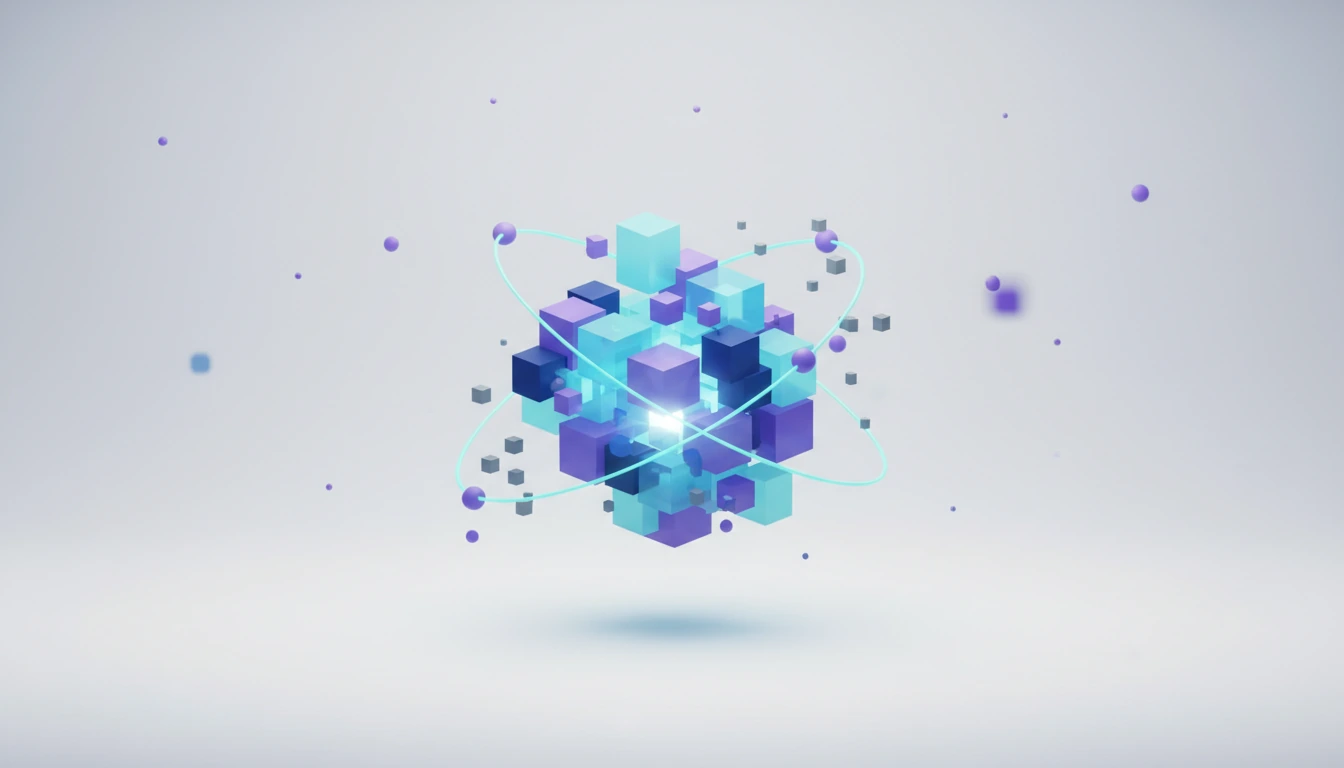 Glowing digital blocks effortlessly stacking into complex patterns, representing spatial reasoning.