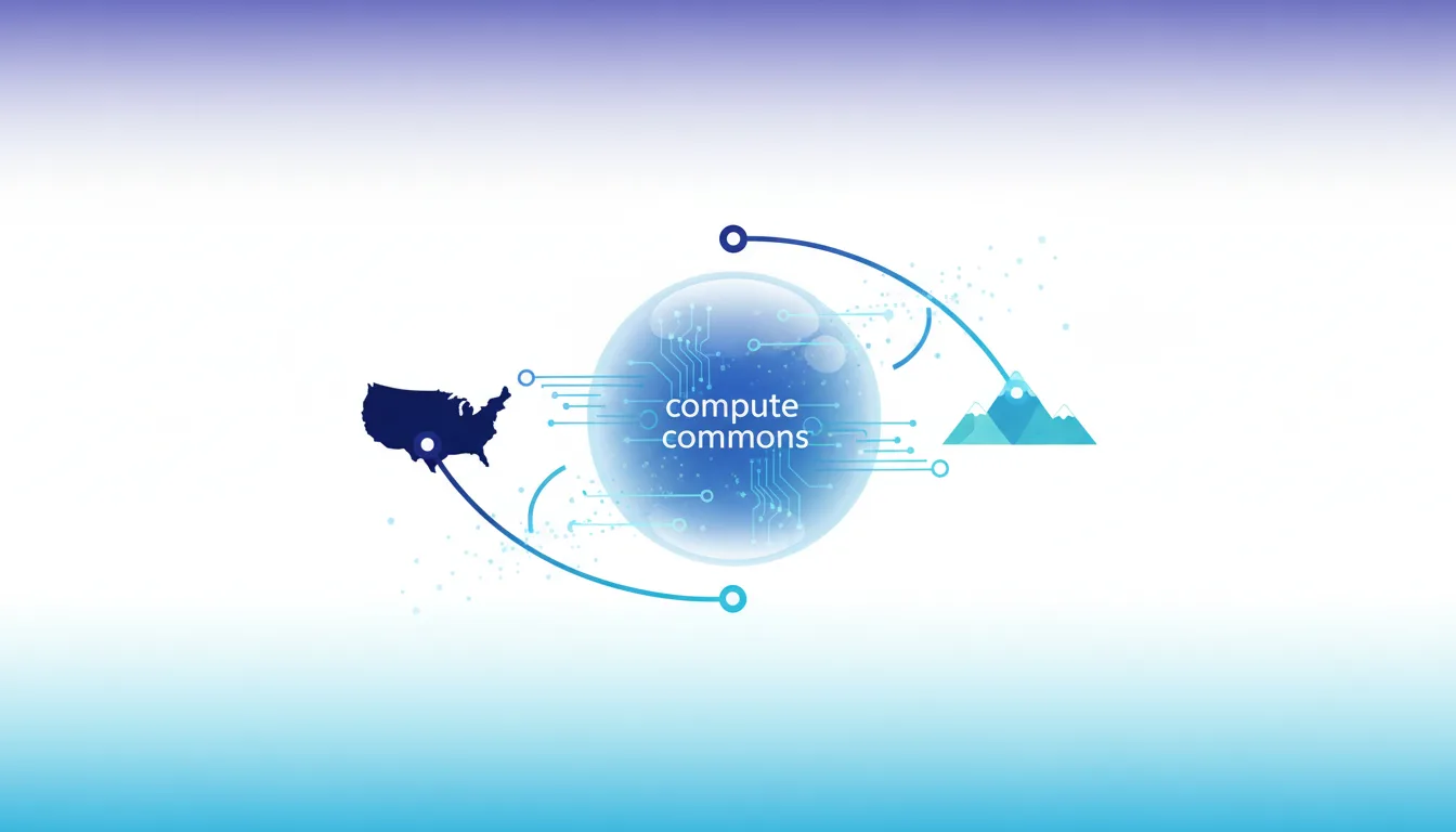 Stanford and Swiss institutes collaborate on a transatlantic AI compute commons, symbolized by US and mountain icons connected to a central sphere.
