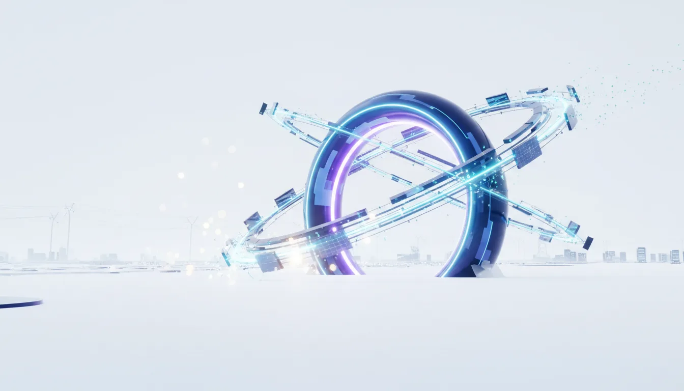Abstract futuristic ring structure with glowing neon lights and digital elements, symbolizing OpenAI's Stargate AI infrastructure project.