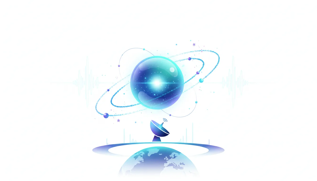 Abstract representation of global satellite internet connectivity with a dish, orbiting planet, and glowing sphere.