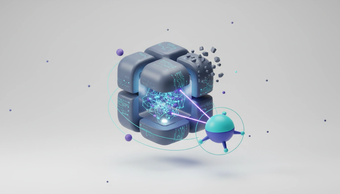 Abstract 3D illustration with a glowing cyan core on a light studio background, representing Hidden AI Reasoning Can Be Decrypted by Cheaper Models, Researchers Sh