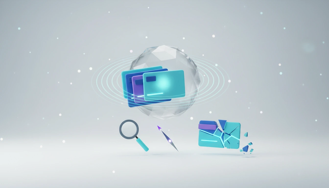 3D illustration of training data cards feeding a neural sphere, one subtly flawed card spreading a tint through it while an obviously broken card lies aside