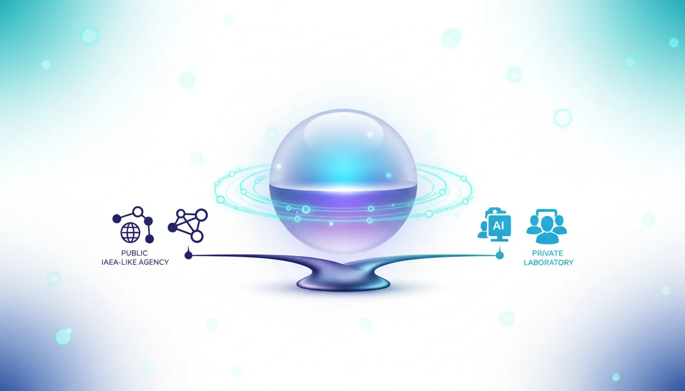 A balance scale weighing a public IAEA-like agency against a private AI laboratory, symbolizing the debate over superintelligence governance.