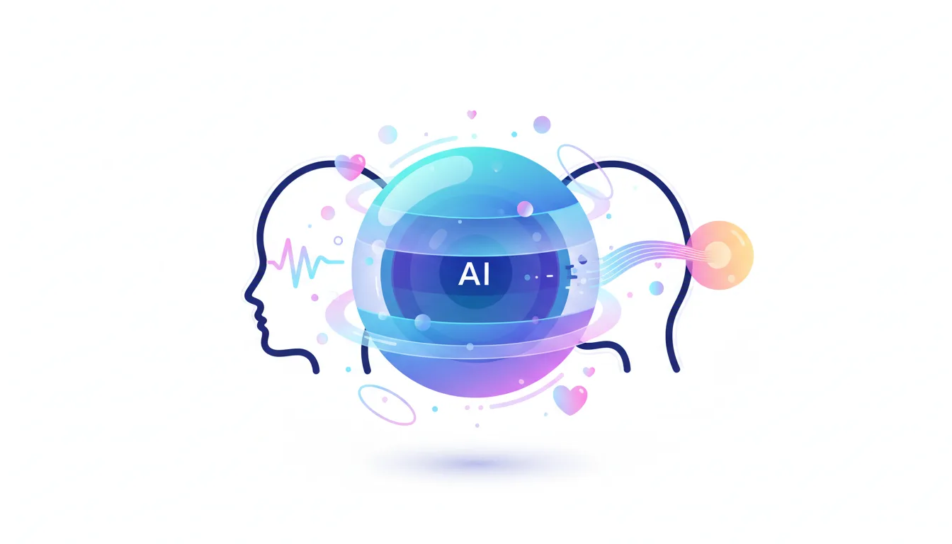 Abstract illustration of AI as a central sphere connecting two human profiles, symbolizing emotional mirroring and well-being support.