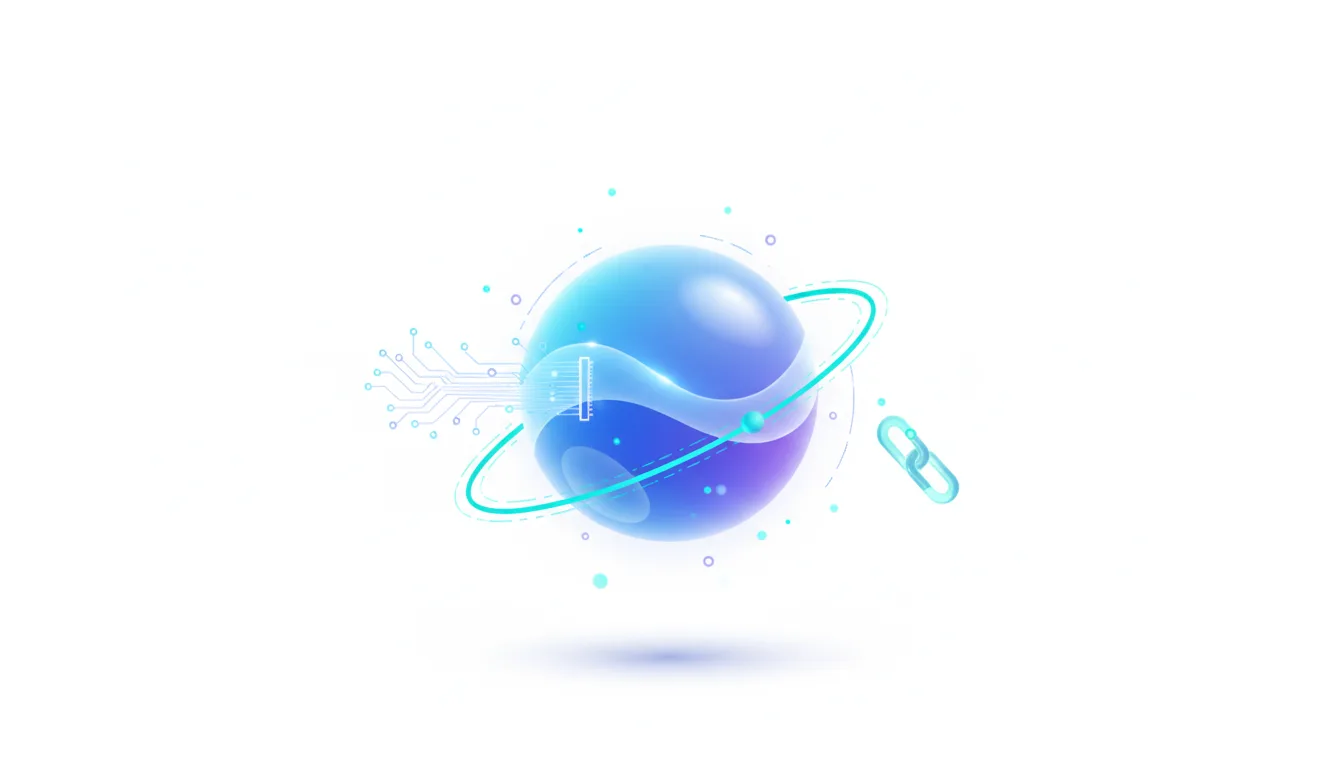 Abstract digital sphere with orbiting rings and circuit board elements, symbolizing AI technology and connectivity.