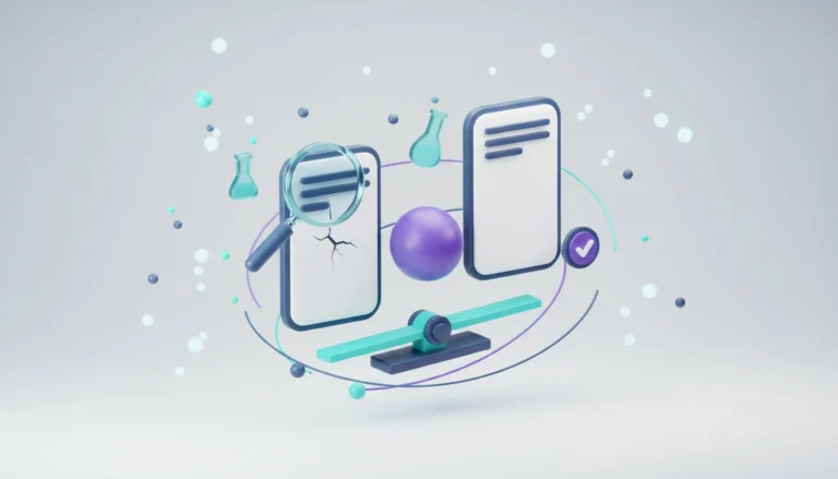 3D illustration of two nearly identical document cards side by side, one cracked and inspected with a magnifying glass, the other marked with a check badge, above a balance beam.