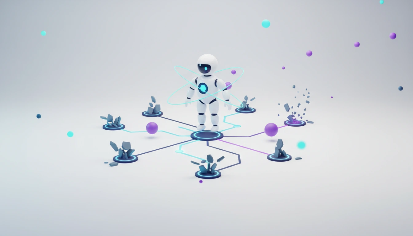 AI agent at a decision point, making an incorrect choice among several paths, highlighting frequent errors.