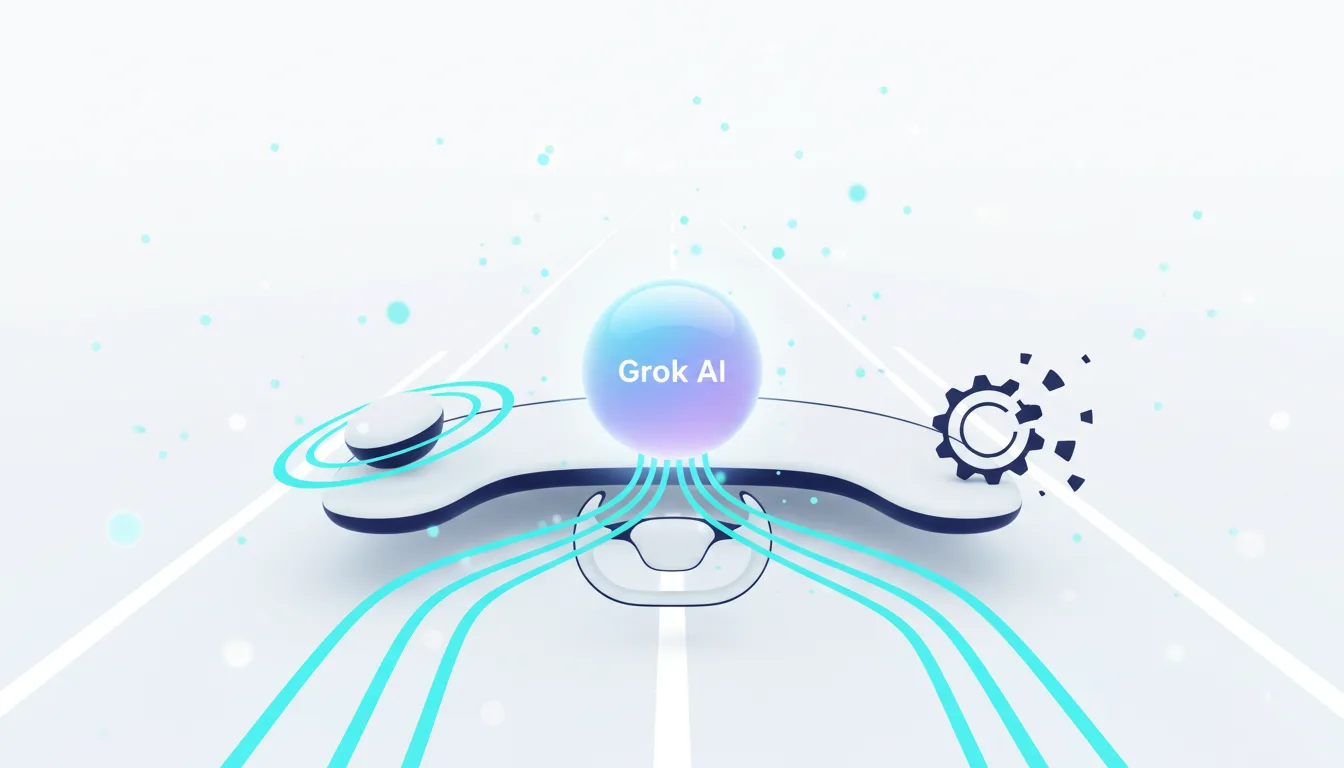 Futuristic car dashboard with Grok AI sphere at the center, connected by glowing lines to the steering wheel, symbolizing AI integration.