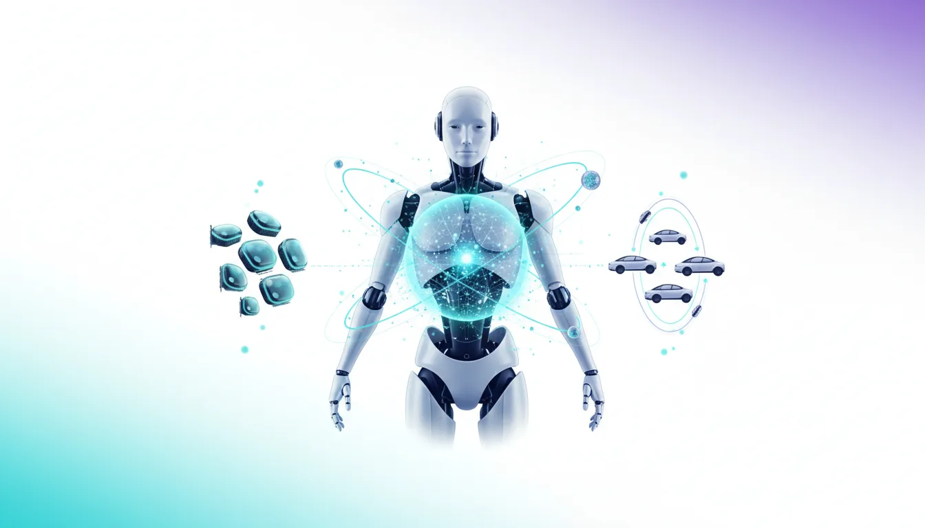 Humanoid robot with glowing core, surrounded by atomic orbits, with clusters of cells and autonomous cars on either side.