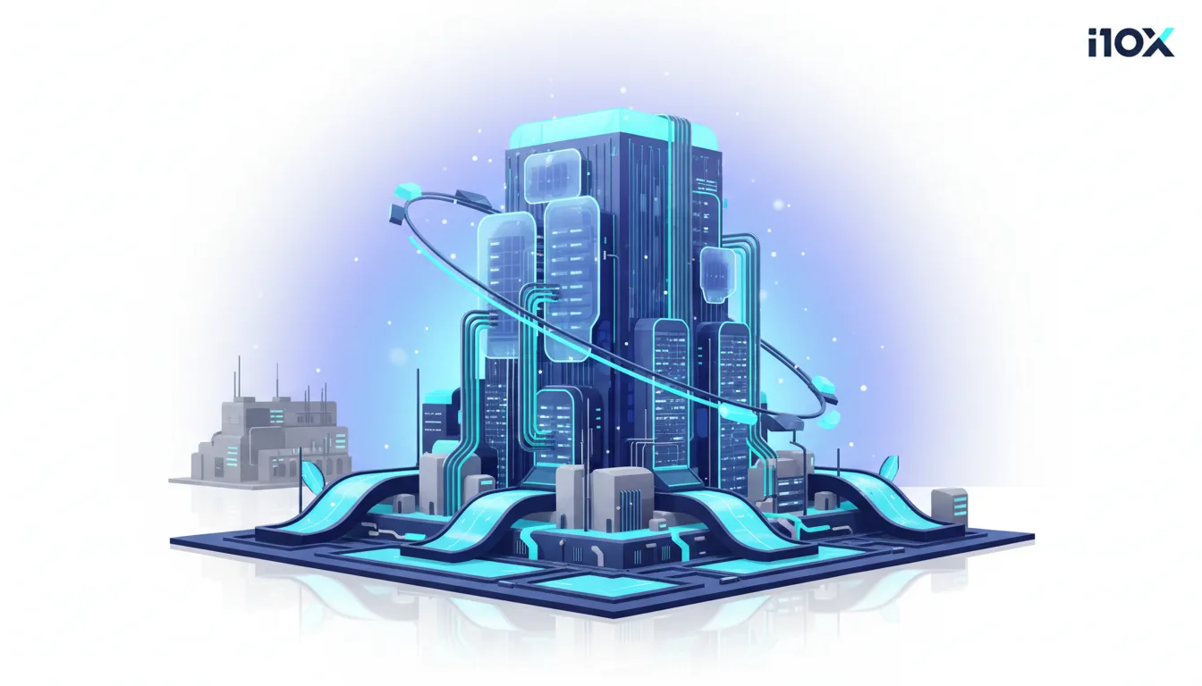 Futuristic data center with glowing blue servers and intricate piping, representing the infrastructure shift for AI.
