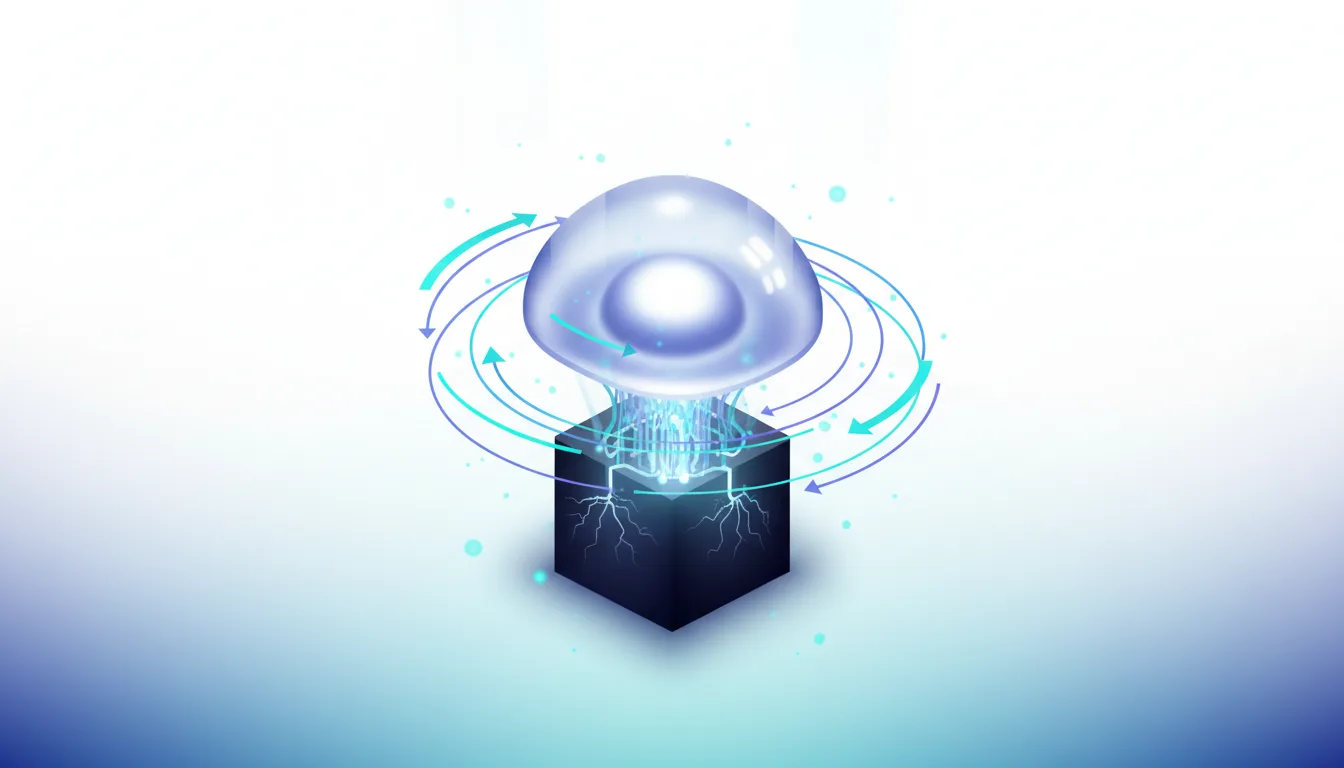 Abstract visualization of a glowing orb emerging from a dark cube, surrounded by swirling arrows representing data flow and AI processing.