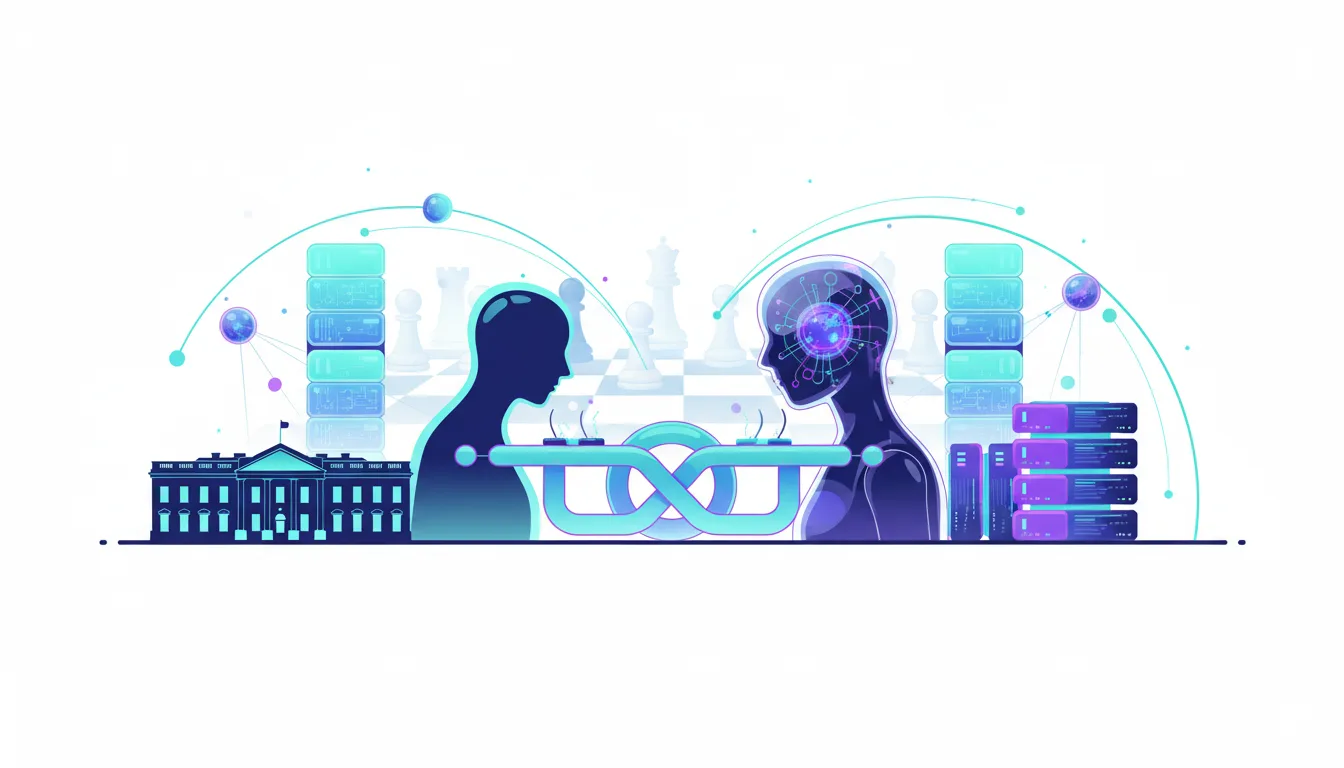 White House and AI silhouette figures facing each other across a chessboard, symbolizing AI policy and national security discussions.