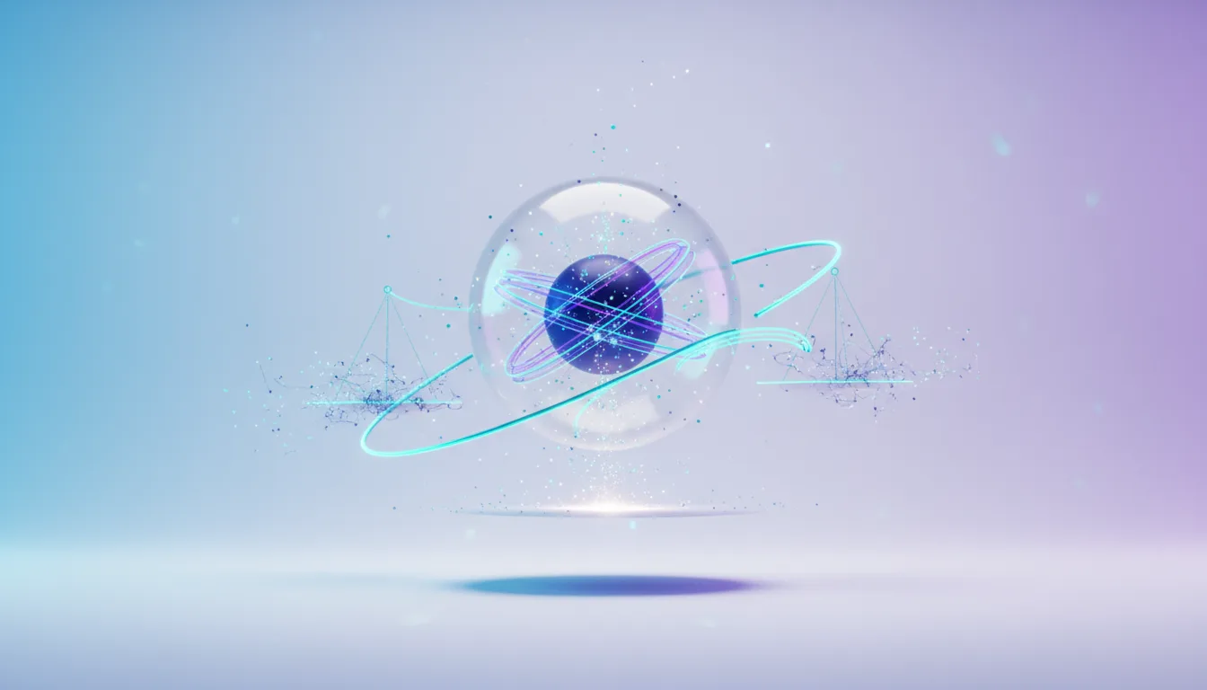 Abstract representation of AI fact-checking with a glowing atom inside a bubble and scales of justice on either side.