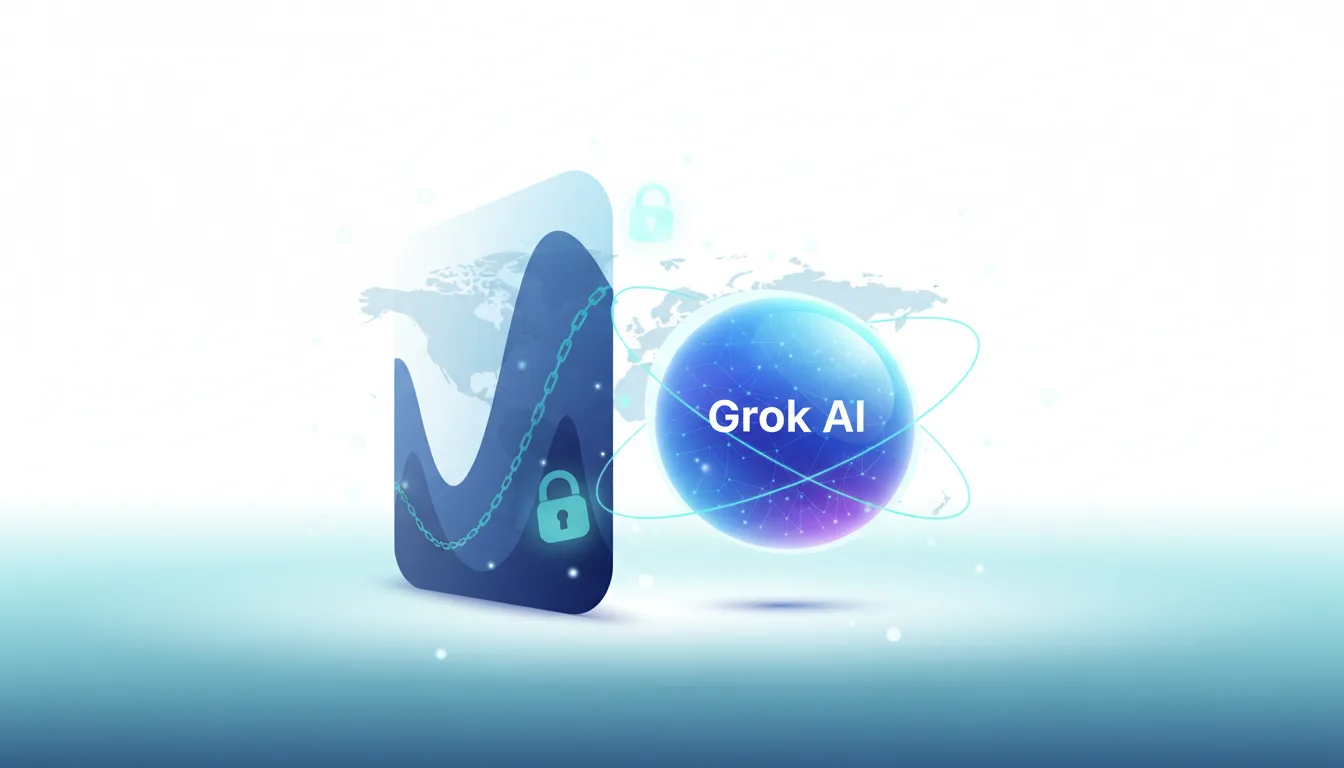 Grok AI chatbot represented by a glowing sphere connected by chains to a locked checkmark symbol, symbolizing regulation and access control.