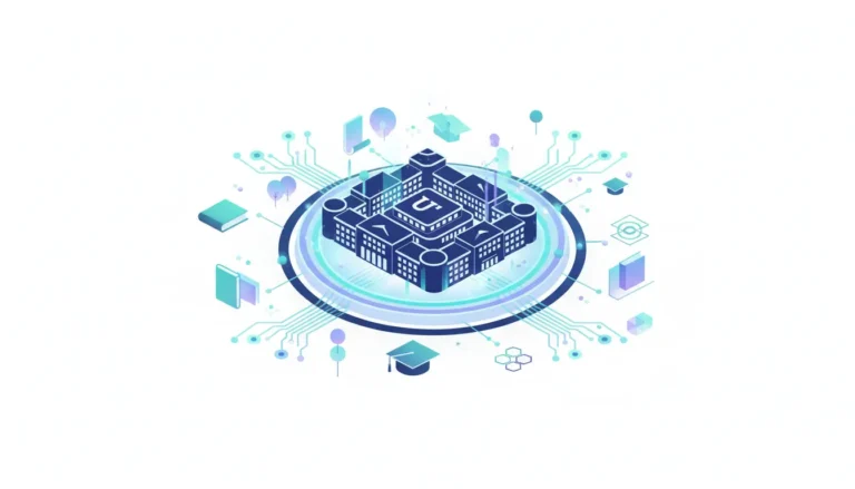 Abstract illustration of higher education institutions integrating AI and LLM competencies into curricula